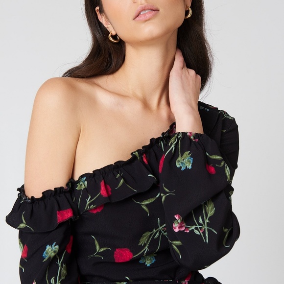 Black Floral Asymmetric Dress - Picture 2 of 4